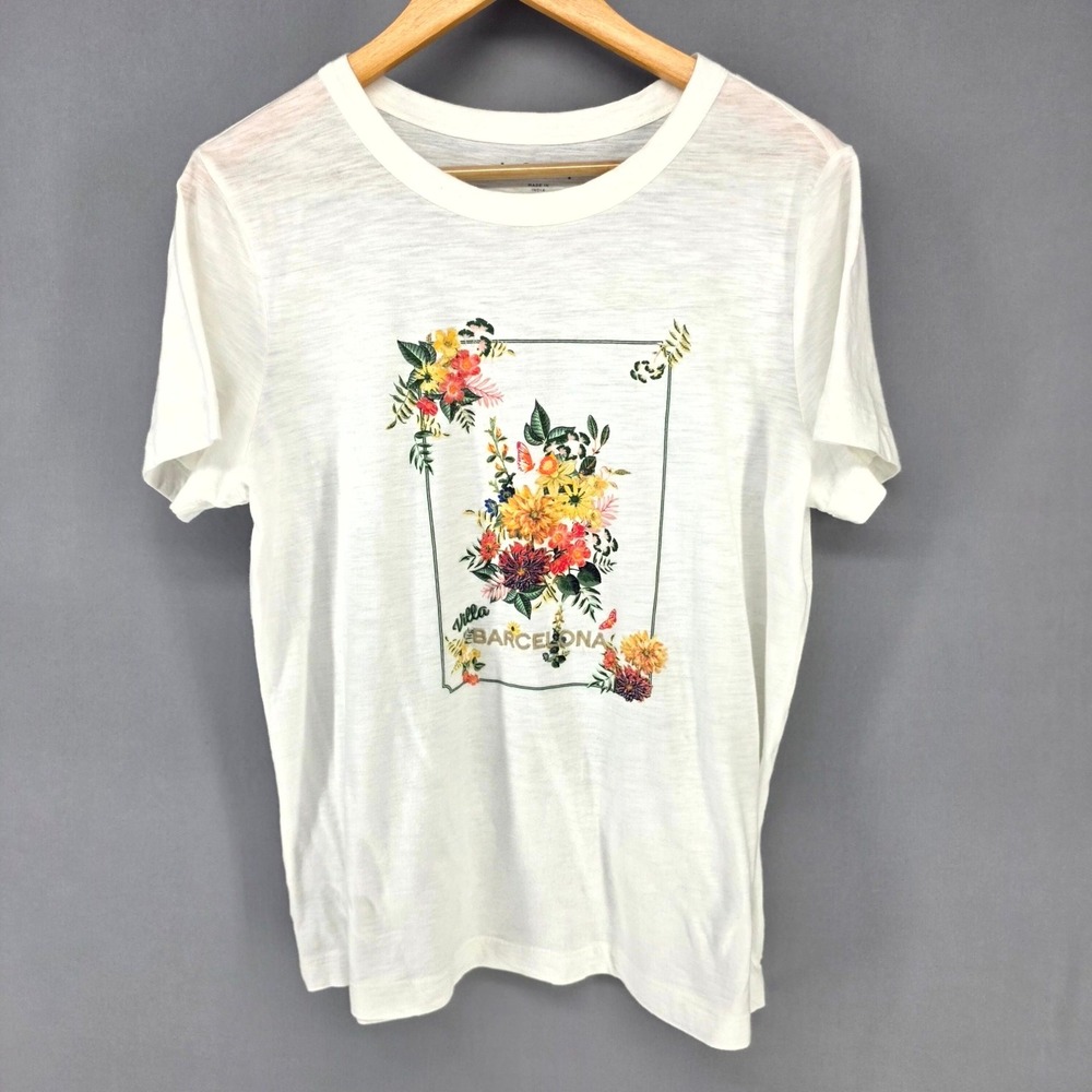 Loft Graphic Tee Womens L White Villa Barcelona Floral Slub Short Sleeve T-Shirt